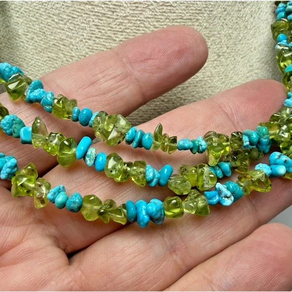 Jay King Desert Rose Trading 3 Strand Turquoise Peridot Chip Necklace Sterling - Picture 2 of 4